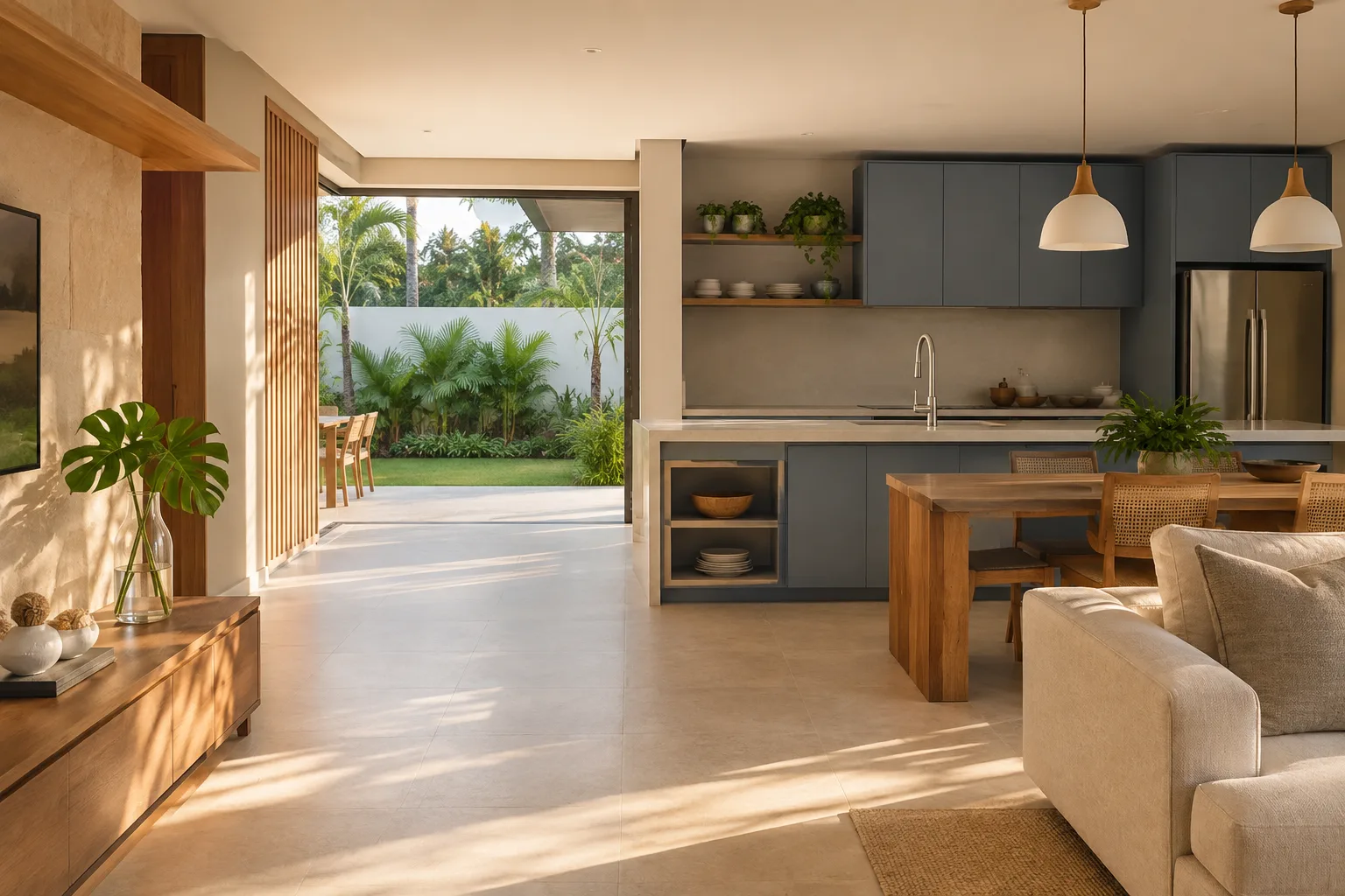 Ambiente integrado com cozinha azul, madeira e piso claro, uma inspiração para renovar a casa