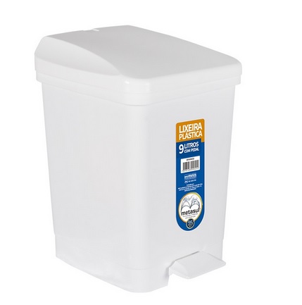 LIXEIRA PLASTICA 9L C/ PEDAL - QUADRADA - BRANCA