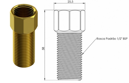 AUMENTO DE LATÃO - ROSCA MACHOXFEMEA 1/2"X40 MM